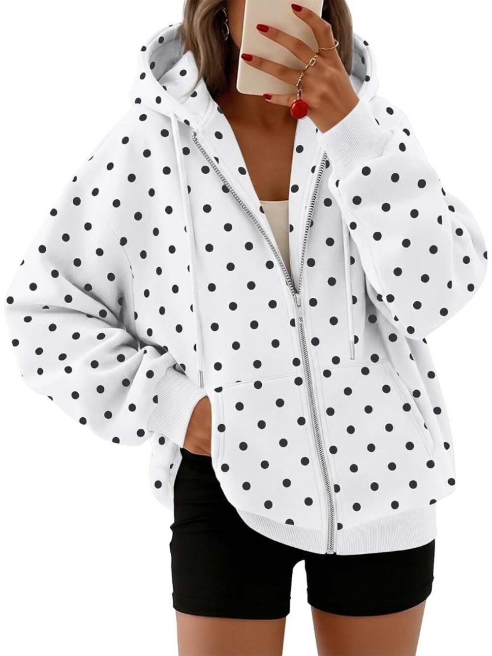 〽️Women White Dots Oversized Zip Up Hood Neck Cute Lightweight Winter Sweatshirt